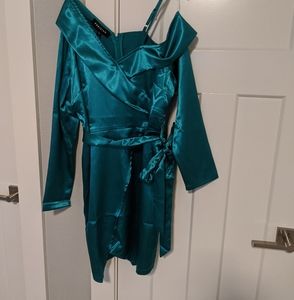 Satin wrap cold shoulder mini dress